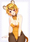  alternate_costume animal_ears bare_shoulders black_hair black_legwear blonde_hair blush bow bowtie breasts cleavage covered_navel detached_collar fake_animal_ears fake_tail kittysuit large_breasts leotard multicolored_hair nnyara open_mouth orange_bow orange_leotard orange_neckwear pantyhose playboy_bunny_leotard short_hair sitting solo tail tiger_ears tiger_tail toramaru_shou touhou two-tone_hair wrist_cuffs 