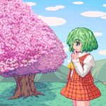  ascot cherry_blossoms cloud day green_eyes green_hair kazami_yuuka kisasage_kouta lowres pixel_art shadow solo touhou tree 