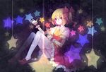  alternate_wings blonde_hair bow cuivre dress flandre_scarlet glowing glowing_wings hair_bow looking_at_viewer no_hat no_headwear object_hug puffy_sleeves red_dress red_eyes shirt short_sleeves side_ponytail smile solo star thighhighs touhou white_legwear wings wrist_cuffs zettai_ryouiki 