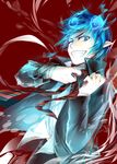  ao_no_exorcist blue_eyes blue_fire blue_hair fiery_hair fire highres male_focus masara_(acgarts) necktie okumura_rin pointy_ears school_uniform solo 