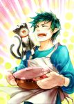  ao_no_exorcist apron blue_hair cat green_hair grin highres kuro_(ao_no_exorcist) male_focus masara_(acgarts) mittens okumura_rin pointy_ears pot smile solo 