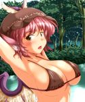  animal_ears armpits arms_up bikini bikini_top blush bow breasts cleavage forest hat highres large_bow large_breasts looking_at_viewer mystia_lorelei nature open_mouth pink_hair river short_hair solo swimsuit tongue tongue_out touhou tree upper_body winged_hat wings yellow_eyes yoriyuki_chiyo 