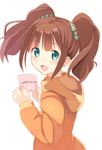  blush brown_hair card green_eyes hood hoodie idolmaster idolmaster_(classic) looking_at_viewer momo_no_kanzume open_mouth short_hair smile solo takatsuki_yayoi twintails 