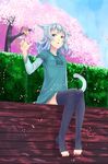  animal_ears bad_id bad_pixiv_id barefoot blue_eyes blue_hair bug butterfly cat_ears cat_tail cherry_blossoms flower highres insect kuro_mochi original petals pink short_hair sitting solo tail thighhighs toe_scrunch toeless_legwear toes 