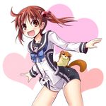  :d animal bent_over blue_bow blue_neckwear blush bow bowtie brown_eyes brown_hair hair_bobbles hair_ornament heart ichimi isshiki_momo long_sleeves looking_at_viewer national_shin_ooshima_school_uniform open_mouth otter outstretched_arms print_shorts school_uniform shirt short_shorts shorts smile solo twintails uso-kun vividred_operation white_shorts 