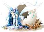  blue_eyes blue_hair detached_sleeves egg eggshell feathers hatching hatsune_miku long_hair nest shirayuki_towa solo strap_slip twintails very_long_hair vocaloid wings 