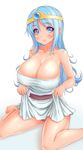  bare_shoulders blue_hair blush breasts cleavage dragon_quest dragon_quest_iii highres huge_breasts irudana kneeling long_hair purple_eyes sage_(dq3) skirt skirt_lift solo 