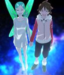  1girl blush closed_eyes couple dedenden dress eureka eureka_seven eureka_seven_(series) green_hair hair_ornament hairclip happy hetero holding_hands renton_thurston short_hair smile wings 