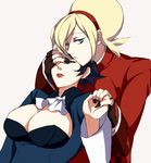  1girl ash_crimson black_hair blonde_hair blue_eyes breasts cleavage cleavage_cutout closed_eyes cravat elisabeth_blanctorche head_on_chest hetero holding_hands hug hug_from_behind large_breasts lipstick lowres makeup muse_(rainforest) nail_polish short_hair the_king_of_fighters 