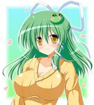  alternate_costume blush breasts cleavage collarbone frog_hair_ornament green_hair hair_ornament hair_ribbon hair_tubes impossible_clothes impossible_shirt kochiya_sanae large_breasts long_hair long_sleeves osashin_(osada) petals ribbed_sweater ribbon shirt smile snake_hair_ornament solo sweater touhou upper_body yellow_eyes 