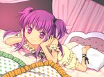  barefoot bed curtains frilled_pillow frills kurarin lying on_stomach original pajamas pillow purple_eyes purple_hair smile solo two_side_up 