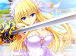  1girl blonde_hair blue_eyes breasts cleavage dress duelist_x_engage game_cg large_breasts looking_at_viewer sword violetta_soleil weapon wedding_dress 