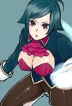  ahoge attack bad_id bad_pixiv_id blue_hair boots breasts cleavage cleavage_cutout cravat elisabeth_blanctorche glowing large_breasts majoccoid pants red_eyes short_hair solo the_king_of_fighters 