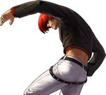  belt cropped_jacket hair_over_one_eye highres male_focus midriff multiple_belts official_art ogura_eisuke red_eyes red_hair solo the_king_of_fighters the_king_of_fighters_xiii transparent_background yagami_iori 