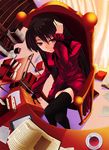  armchair book brown_hair chair kanata_daiki library long_hair original red_eyes sitting solo tea thighhighs zettai_ryouiki 