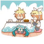  2girls :3 =_= aqua_hair brother_and_sister chibi chibi_miku cushion dog eating food fruit hamo_(dog) handheld_game_console hatsune_miku headset kagamine_len kagamine_rin kotatsu mandarin_orange minami_(colorful_palette) multiple_girls pillow playstation_portable siblings sleeping table twins twintails under_kotatsu under_table vocaloid zabuton |_| 