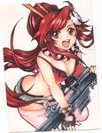  1girl bikini bikini_top_only breasts cleavage commentary_request gloves gun happy highres long_hair mosho ponytail red_hair rifle scarf shorts solo swimsuit tengen_toppa_gurren_lagann thighhighs traditional_media very_long_hair weapon yellow_eyes yoko_littner 