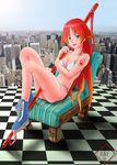  bad_id bad_pixiv_id bikini boots breasts chair character_request checkered city cleavage copyright_request day flat_chest furniture gradient_hair green_eyes horizon long_hair medium_breasts multicolored_hair outdoors raybar red_hair sky solo stick swimsuit tattoo weapon 