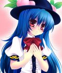  blue_hair blush hat hinanawi_tenshi long_hair mikazuki_sara red_eyes solo touhou 