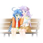  :3 ahoge baby baby_carry bench hiiragi_kagami hiro_yoshinaka if_they_mated ips_cells izumi_konata lucky_star mole mole_under_eye mother_and_daughter multiple_girls purple_hair sitting yuri 