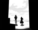  1girl beach cleo_everlastin cloud cloudy_sky day dress from_behind greyscale horizon long_hair long_sleeves majutsushi_orphen monochrome orphen outdoors sand scenery silhouette sky standing water yuuki_(yuuki333) 