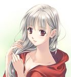  bad_id bad_pixiv_id bangs blush breasts cleavage cloak collarbone elysion eyebrows_visible_through_hair eyelashes hands holding holding_hair isobe lafrenze lips long_hair looking_at_viewer messy_hair red_cloak red_eyes red_lips silver_hair smile solo sound_horizon upper_body white_background 