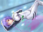 ;) armpits arms_up ayanami_rei bangs blue_hair blush bodysuit bracer dutch_angle from_above gloves hair_between_eyes hand_on_own_chest indoors knees_up koni light_smile logo looking_at_viewer lying neon_genesis_evangelion nerv on_back on_floor one_eye_closed pilot_suit plugsuit purple_hair red_eyes reflection short_hair smile solo tile_floor tiles turtleneck white_bodysuit 