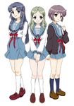  asakura_ryouko blue_eyes blue_hair blue_sailor_collar cardigan fujita_(speedlimit) green_eyes green_hair highres kimidori_emiri kita_high_school_uniform long_hair multiple_girls nagato_yuki sailor_collar school_uniform serafuku short_hair silver_hair suzumiya_haruhi_no_yuuutsu 