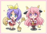  animal_ears bad_id bad_pixiv_id bell blue_eyes chibi cow_ears cow_girl fujimori_mikan glasses hair_ribbon hiiragi_tsukasa horns long_hair lucky_star multiple_girls pantyhose pink_hair pink_neckwear purple_eyes purple_hair ribbon ryouou_school_uniform school_uniform serafuku short_hair tail takara_miyuki 