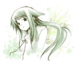  artist_request bare_shoulders green green_hair looking_at_viewer lowres monochrome ponytail saya saya_no_uta sidelocks simple_background solo vest white_background 