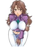  belt blue_(ao_maru) blush breast_hold breasts brown_eyes brown_hair celestial_being_uniform covered_nipples crossed_arms gloves gundam gundam_00 hanging_breasts large_breasts long_hair midriff navel puffy_nipples skin_tight solo sumeragi_lee_noriega thigh_gap 