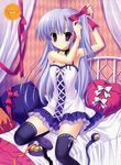  absurdres bed blush bow choker copyright_request dress hair_ribbon highres long_hair mitha non-web_source pillow purple_eyes ribbon silver_hair solo thighhighs zettai_ryouiki 