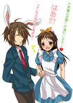  1girl alice_(wonderland) alice_(wonderland)_(cosplay) alice_in_wonderland artist_request bad_anatomy brown_hair cosplay genderswap genderswap_(mtf) kita_high_school_uniform koizumi_itsuki kyon kyonko school_uniform suzumiya_haruhi_no_yuuutsu translation_request 