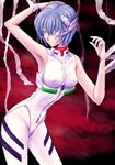  arm_up armpits ayanami_rei bandage_over_one_eye bandages bare_shoulders blue_hair bodysuit frown hand_on_own_head leaning_forward looking_back neon_genesis_evangelion non-web_source plugsuit red_eyes short_hair sleeveless solo white_bodysuit 