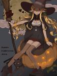  2008 blonde_hair cat halloween happy_halloween hat jack-o'-lantern matsurika original pointy_ears pumpkin red_eyes solo thighhighs witch_hat zettai_ryouiki 