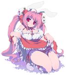  animal_ears bad_id bad_pixiv_id blush breasts bunny_ears cleavage di_gi_charat dice dice_hair_ornament dress hair_ornament hisakawa_chin kneeling large_breasts long_hair oekaki pink_hair ribbon skirt skirt_lift solo twintails usada_hikaru 