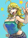  ahoge blonde_hair blue_background breasts bursting_breasts cleavage hand_on_hip hoshii_miki idolmaster idolmaster_(classic) idolmaster_1 jewelry jon_taira large_breasts long_hair midriff navel necklace pointing pointing_up solo star 