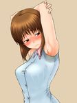  armpits arms_up blush bob_cut breasts brown_eyes brown_hair hagiwara_yukiho idolmaster idolmaster_(classic) idolmaster_1 large_breasts looking_back non-web_source shirt short_hair simple_background solo sweat 