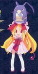  :d arms_up artist_request beak blonde_hair blush creature disgaea elbow_gloves flonne flonne_(fallen_angel) full_body gloves jpeg_artifacts laharl laharl_(prinny) leotard long_hair looking_at_viewer open_mouth prinny red_eyes red_gloves red_leotard smile standing tareme thighhighs very_long_hair 