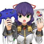  blue_hair controller galaxy_angel game_console game_controller gamepad green_eyes joystick jpeg_artifacts karasuma_chitose long_hair mario mario_(series) military military_uniform nintendo_64 non-web_source super_mario_64 super_mario_bros. uniform video_game 