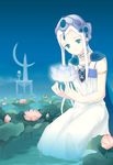  blue_eyes fantastic_children flower lily_pad long_hair moai_(aoh) solo tina_(fantastic_children) water white_hair 