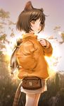  animal_ears bad_id bad_pixiv_id bag black_hair bob_cut cat_ears cat_tail child fish flat_chest grass hand_in_pocket jacket looking_back nature orange_eyes original outdoors sano_toshihide short_hair shorts sky solo standing sun sunset tail 