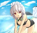  :p all_fours atsumi_haru beach bikini black_bikini braid day izayoi_sakuya outdoors red_eyes ribbon short_hair silver_hair solo swimsuit tongue tongue_out touhou twin_braids 