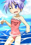  alternate_hairstyle bad_id bad_pixiv_id blue_eyes double_bun hiiragi_kagami lucky_star oku_no_shi one-piece_swimsuit one_eye_closed purple_hair solo swimsuit wading water 