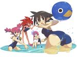  ass ball beachball beast_master_(disgaea) black_hair brown_eyes disgaea female_brawler_(disgaea) glasses gunslinger_(disgaea) hand_on_hip ishikawa_hideki kickboard mage_(disgaea) makai_senki_disgaea_3 multiple_girls one-piece_swimsuit pink_eyes pink_hair playing pointy_ears pool red_hair round_eyewear scared swimsuit turn_pale wading water yellow_eyes 