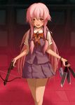  blush bow_(weapon) cellphone crossbow gasai_yuno knife long_hair mirai_nikki phone pink_hair quzilax school_uniform skirt solo weapon yandere 