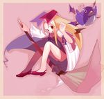  artist_request bare_legs broom broom_riding disgaea flonne flonne_(fallen_angel) full_body hair_ribbon hat long_hair looking_at_viewer looking_back lowres monster pink_background prinny red_eyes ribbon simple_background sitting very_long_hair 