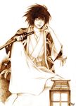  1boy artist_request bags_under_eyes black_hair death_note japanese_clothes kimono l_(death_note) lantern male_focus photoshop_(medium) solo source_request sword traditional_media weapon 