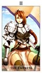  absurdres armor brown_hair empress fantasy_earth_zero highres long_hair lororo solo tarot thighhighs wadrite_berkstein_hordaine 