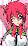  bangs blue_eyes blush breasts celestial_being_uniform feldt_grace gundam gundam_00 large_breasts one_eye_closed pink_hair solo zikanngai 